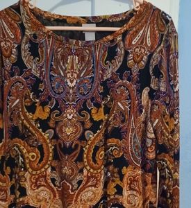 Chicos brown and black paisley semi-sheer tunic with attached bodice.